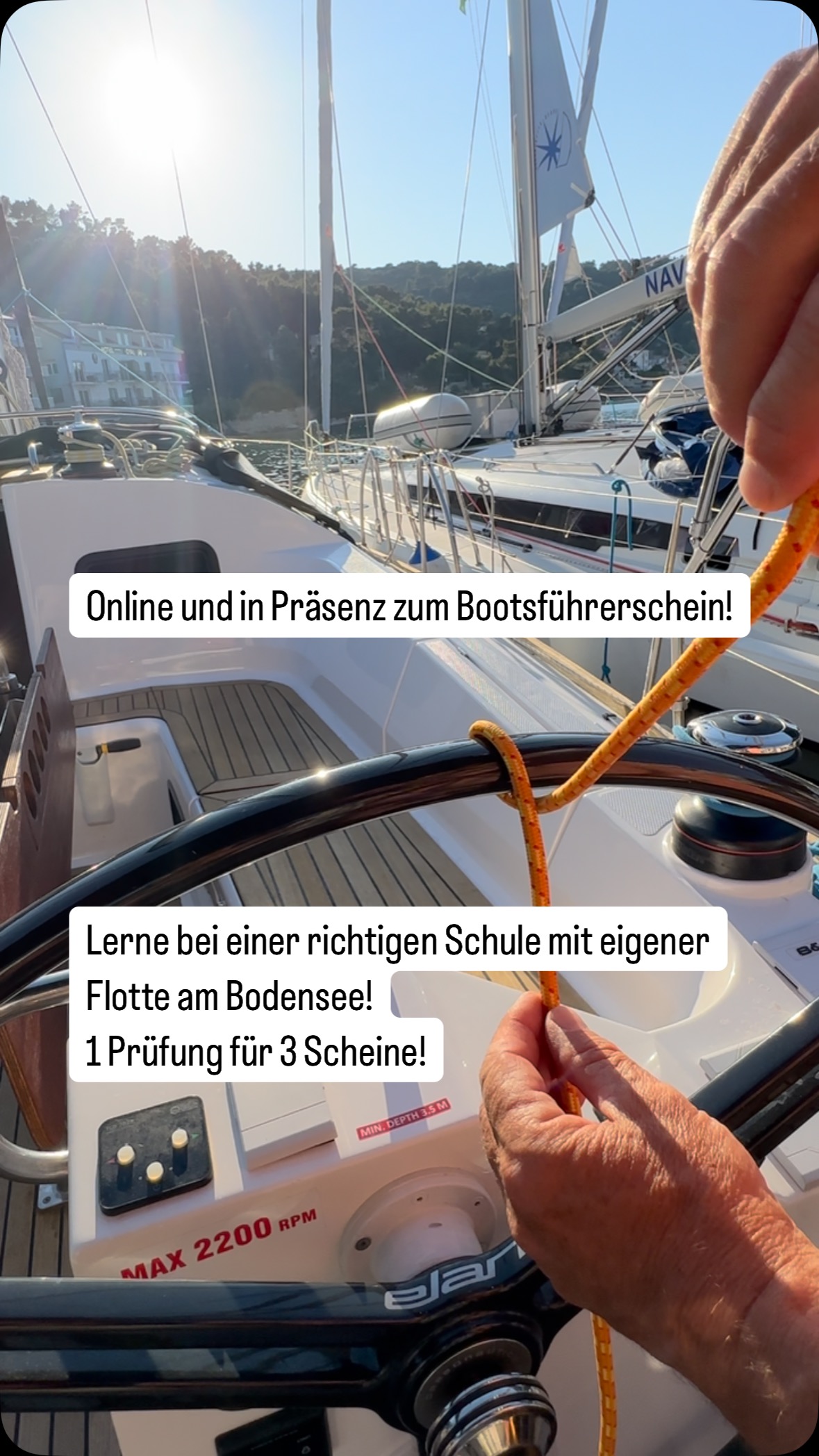 Mit uns lernst Du auf einfache Art segeln und Motorboot fahren!
Wir sind eine etablierte Schule am Bodensee mit eigener Flotte.
Ob Theorie in Präsenz oder Online, oder die Praxistrainings - bei uns bekommst Du alles aus einer Hand! Versprochen!
Go with a Pro!
#segelschule #bootsschule #boot #bodensee #meersburg #friedrichshafen #dsv #dmyv